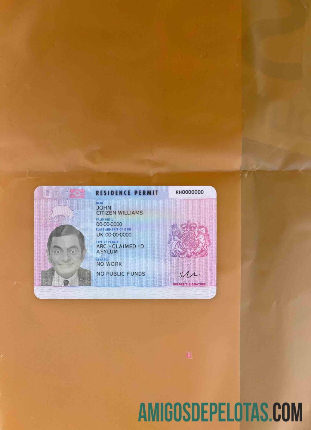United Kingdom Residence Permit Version 2 olhar de foto frente amostra
